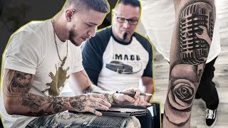 6 Sleeve Tattoo Process Sleeve Tattoo  Vintage Mic and Rose [upl. by Tedie]