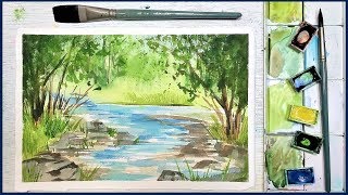 Easy Beginner Landscape in Watercolor Summer Stream [upl. by Foskett]