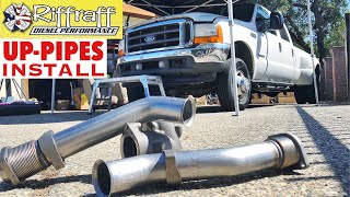 2001 F350 73  RiffRaff UpPipes Install  Stock up pipes leaking and falling apart JUNK SP [upl. by Nealon]